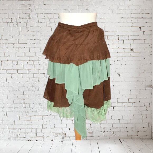 Boho Upcycle Layer Skirt Lace Brown Green - Picture 4 of 4